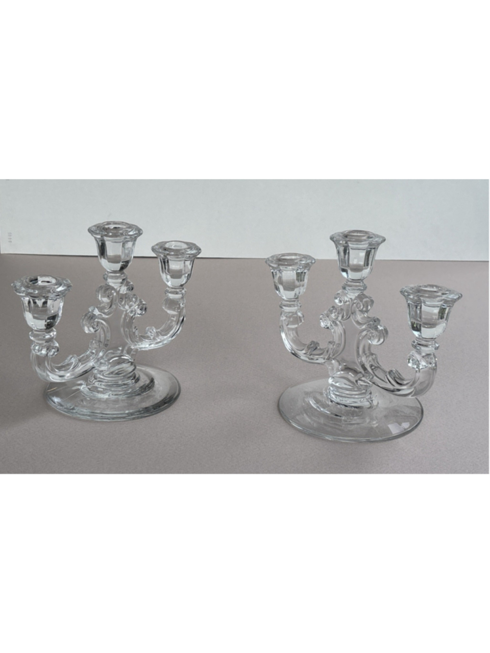 Set Of 2 Fostoria Clear Three-Light Candelabra Mademoiselle Candle Holders
